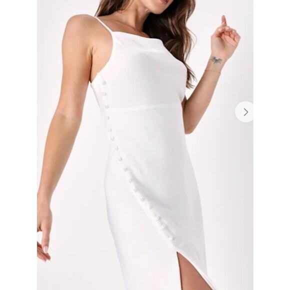 LULU'S SZ M Slinking Out Loud White Satin Side Button Slip Midi Dress NEW B85 - Picture 1 of 11